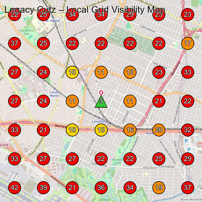 Legacy Cutz GeoGrid visibility map for Barber Shop in Jamaica